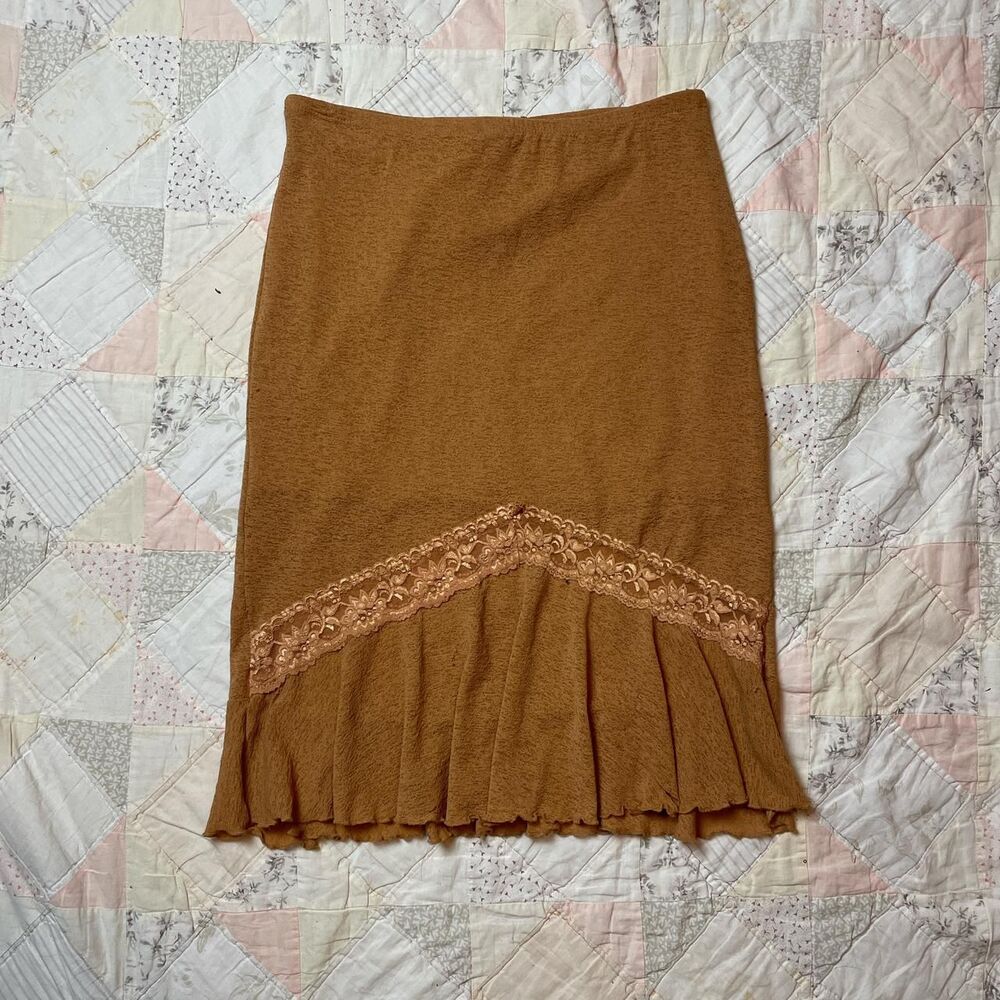 kiwi vintage y2k fairy tan brown skirt with lace trim with lettuce hem large
